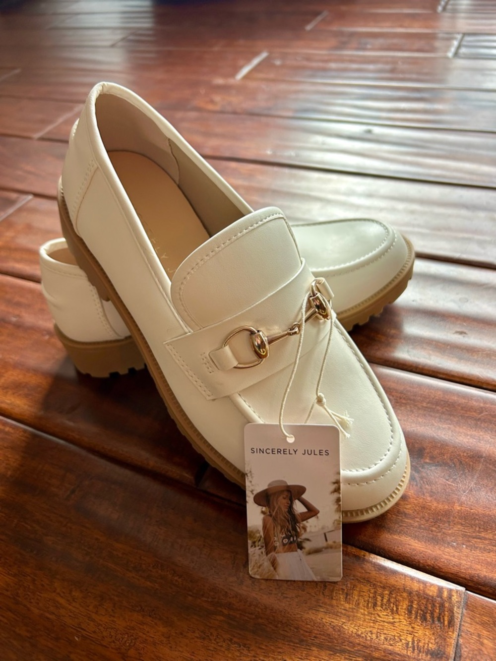 Sincerely Jules Cream Slip-On Loafers with Gold Hardware